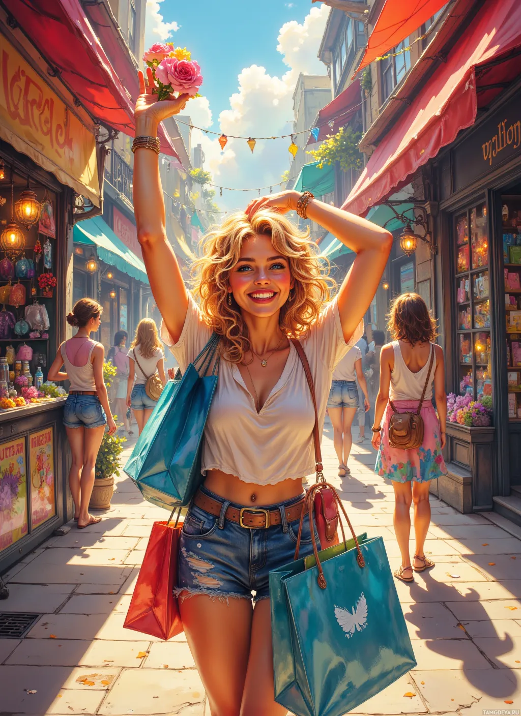 A woman holds shopping bags and a flower, smiling in a sunny street market.