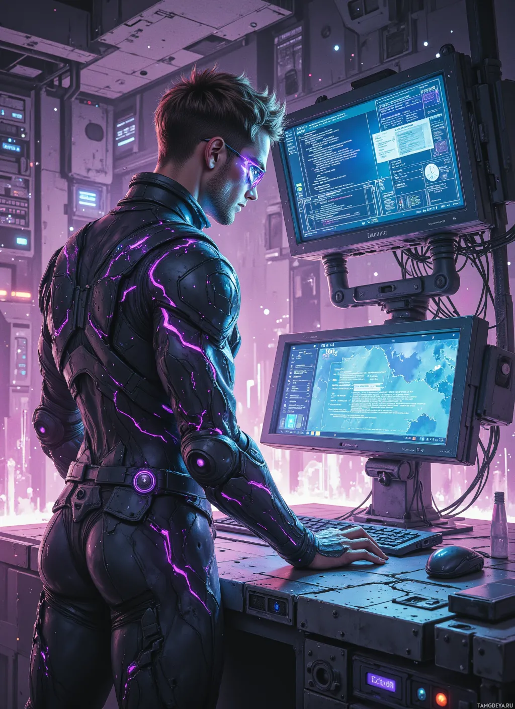 A cyberpunk character in a futuristic outfit is working at a computer in a high-tech environment.