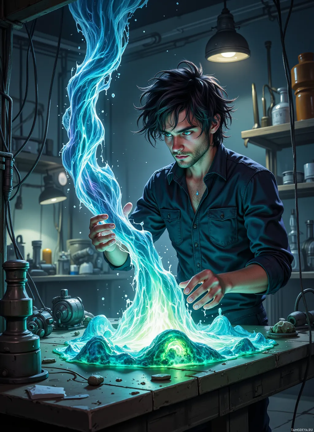 A man in a lab coat stands in a dimly lit room, surrounded by equipment, with a glowing, ethereal blue substance emanating from his hand.