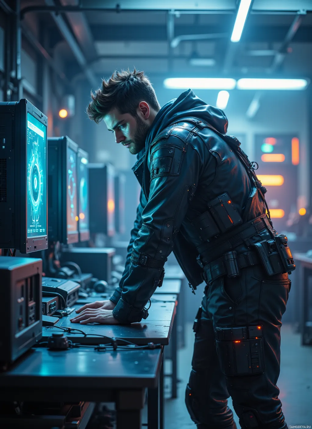 A person in tactical gear stands in a dimly lit room with computer monitors displaying holographic interfaces.