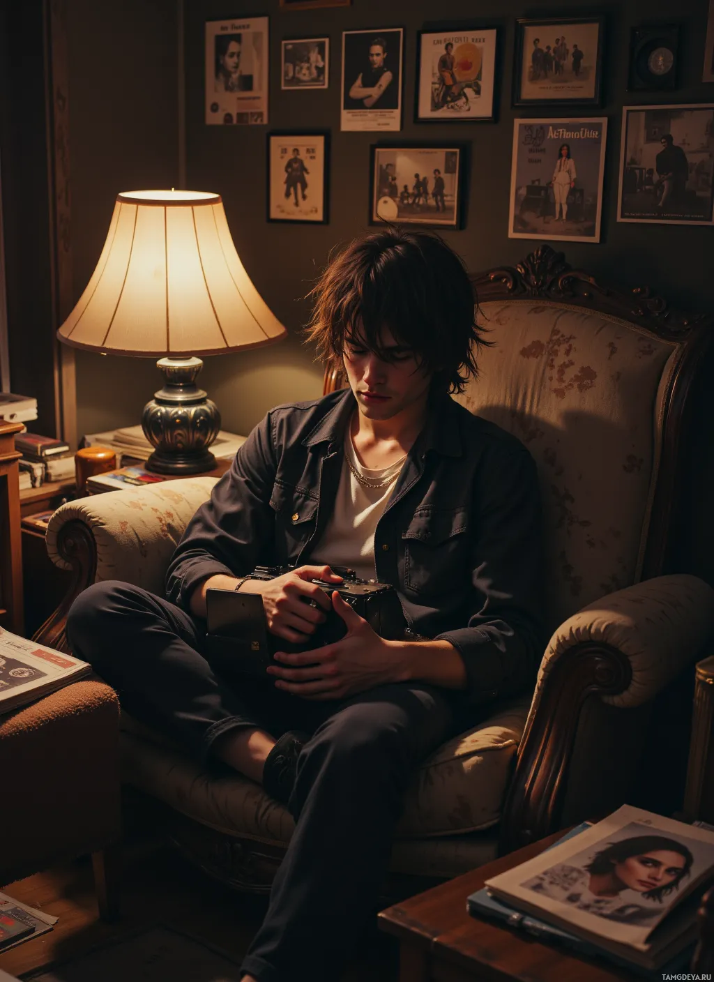 A person sits in a dimly lit room, holding a camera, surrounded by framed pictures and a lamp.