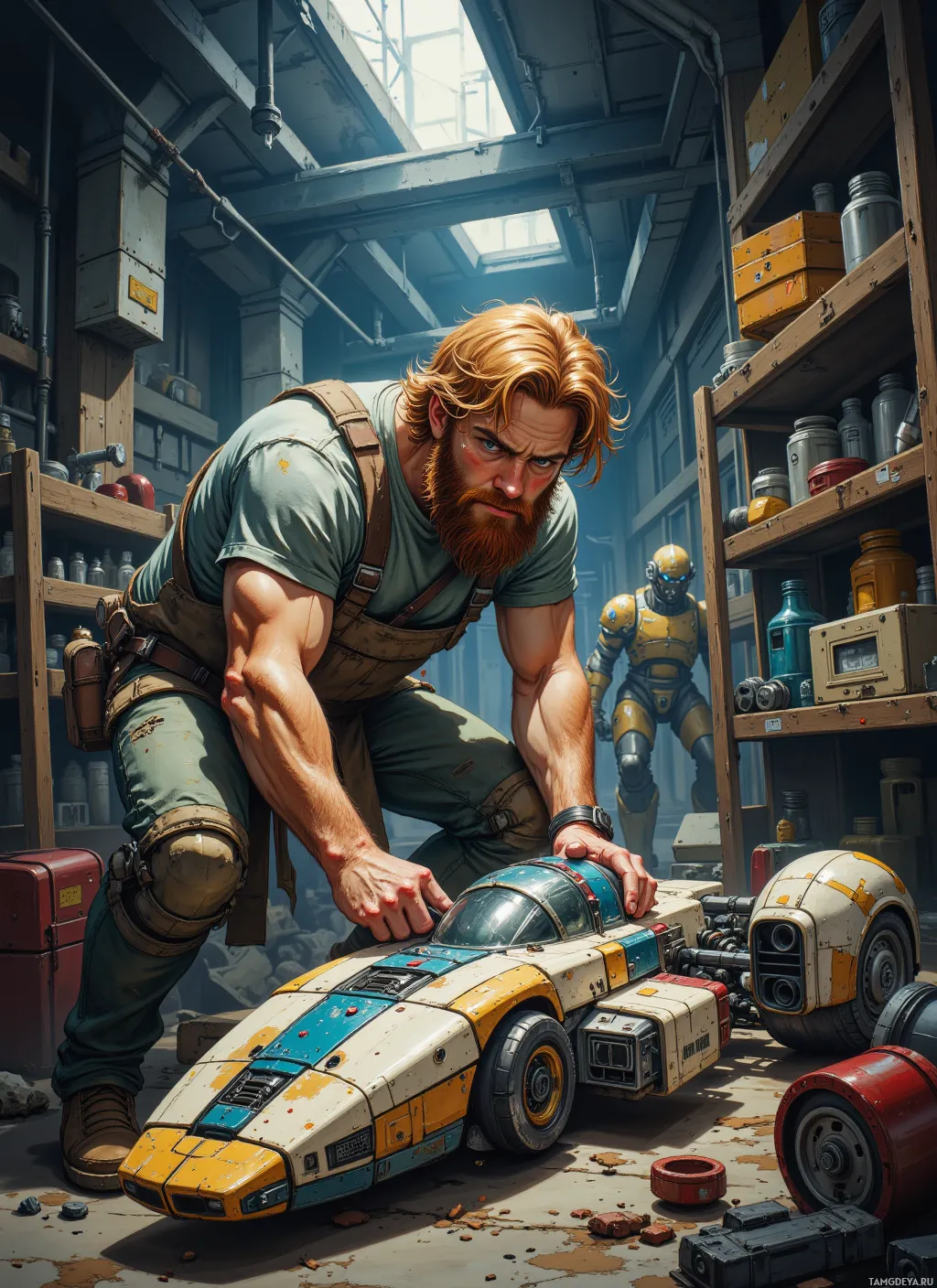 A muscular man in a workshop examines a small, detailed, and weathered toy car.