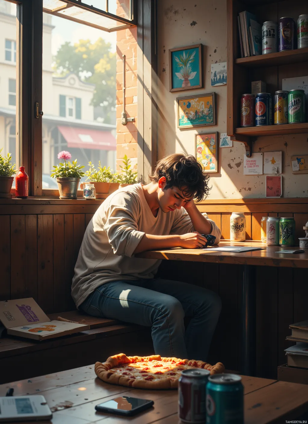 A person sits at a wooden table in a cozy café, enjoying a slice of pizza and surrounded by sunlight.