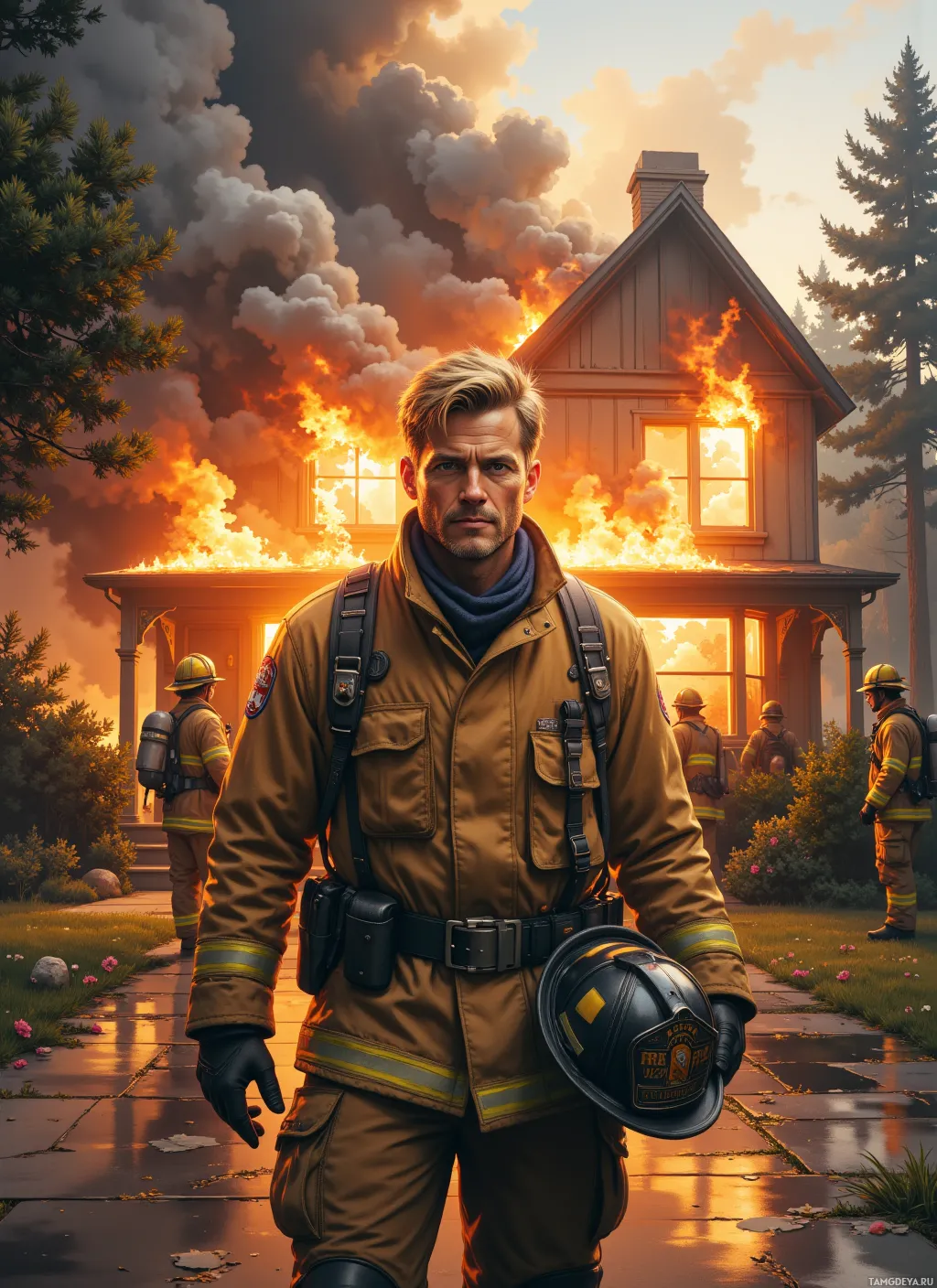 A firefighter stands in front of a burning house, surrounded by other firefighters and smoke.