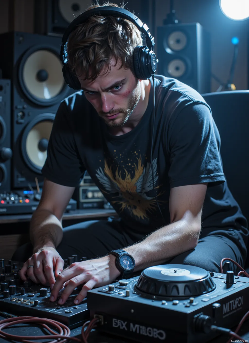 A person wearing headphones is focused on adjusting controls on a DJ mixer in a studio setting.