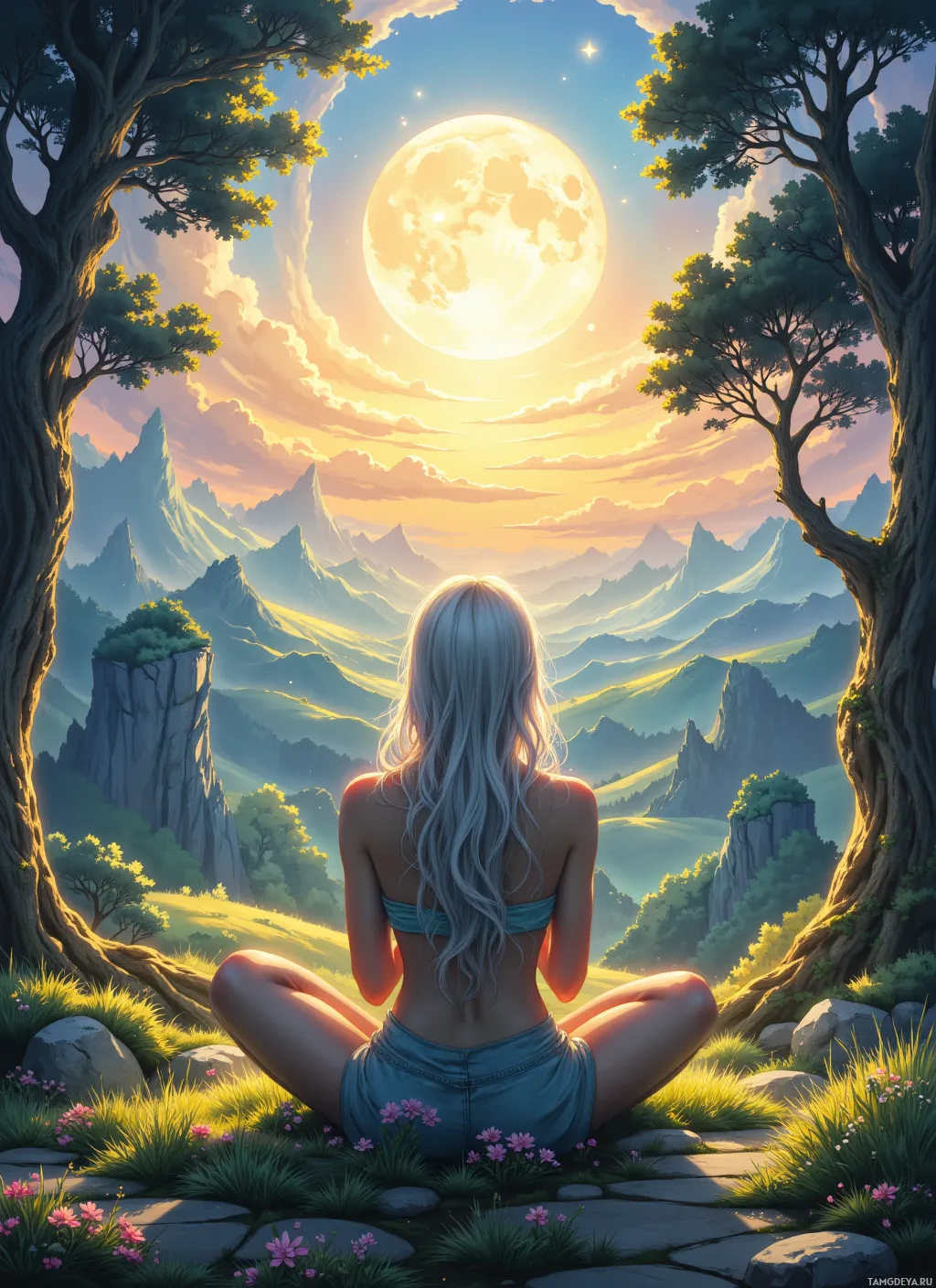 A serene scene of a person meditating in a lush, mountainous landscape under a glowing full moon.