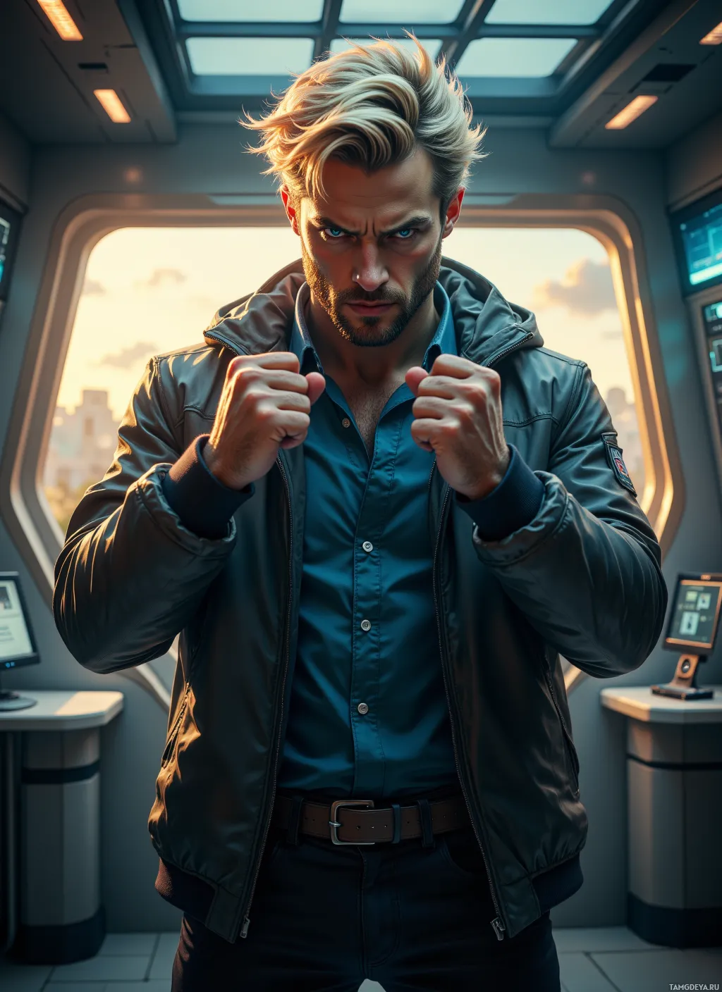 A man in a futuristic setting, wearing a jacket and shirt, stands with clenched fists.