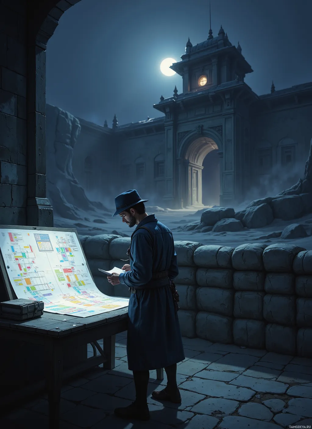 A man in a blue coat and hat stands by a table, examining a detailed map under moonlight.