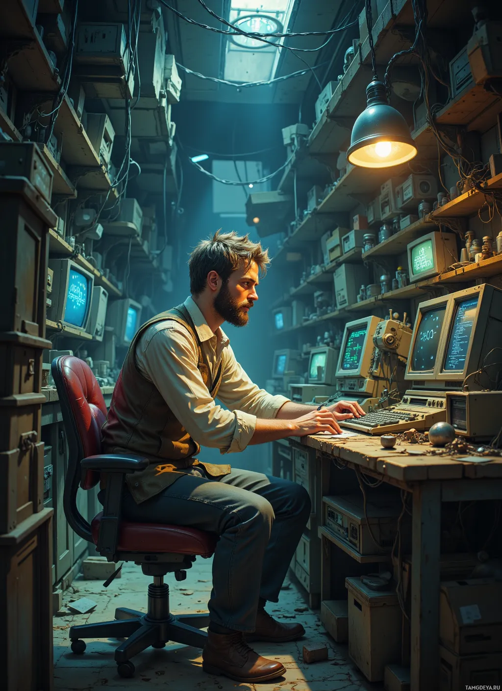 A man sits at a desk in a cluttered room filled with old computers and equipment.