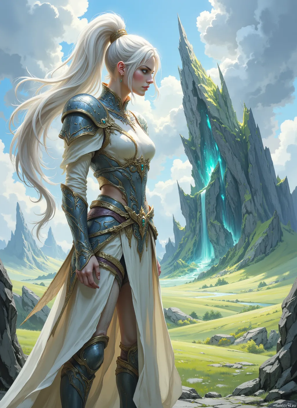 A regal female warrior in ornate armor stands before a majestic mountain landscape.