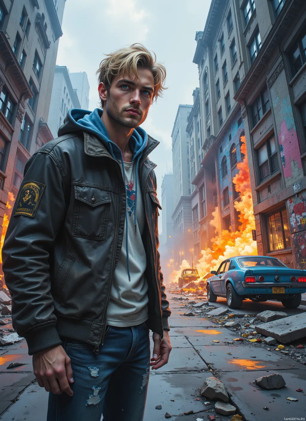 A man stands on a city street with a burning car and debris in the background.