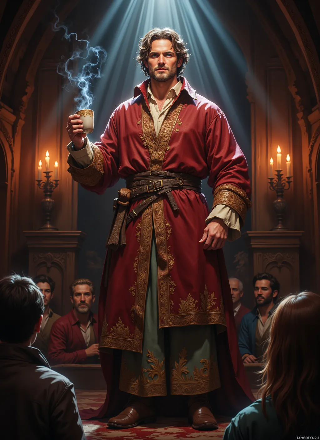 A man in a red robe stands in a dimly lit room, holding a cup, with others seated around him.