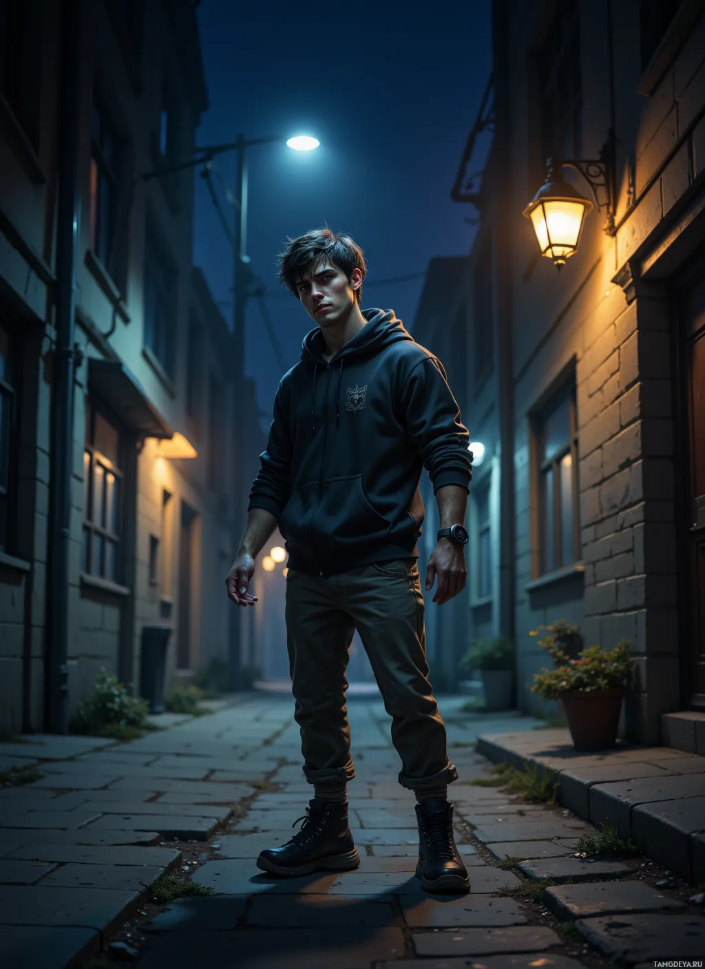 A person stands in a dimly lit alleyway at night, wearing a hoodie and jeans.