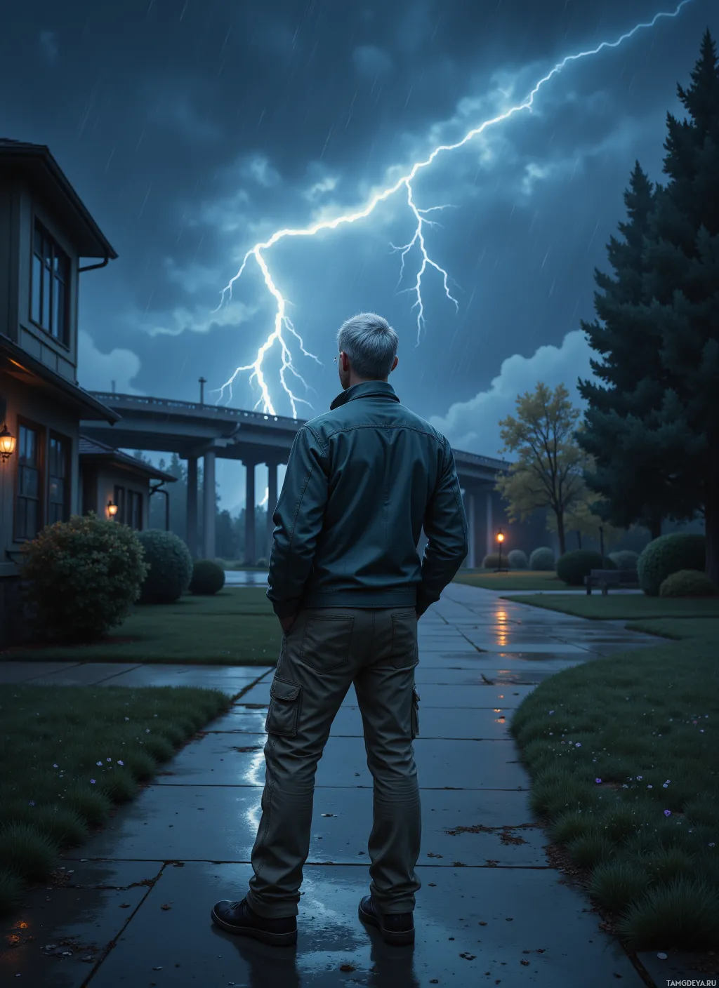 A man stands on a wet driveway under a stormy sky with lightning striking in the distance.