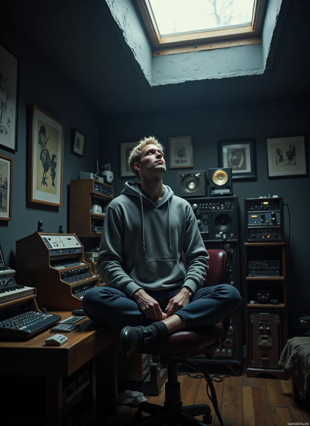 A person sits in a dimly lit room with musical equipment and framed artwork, looking upward.