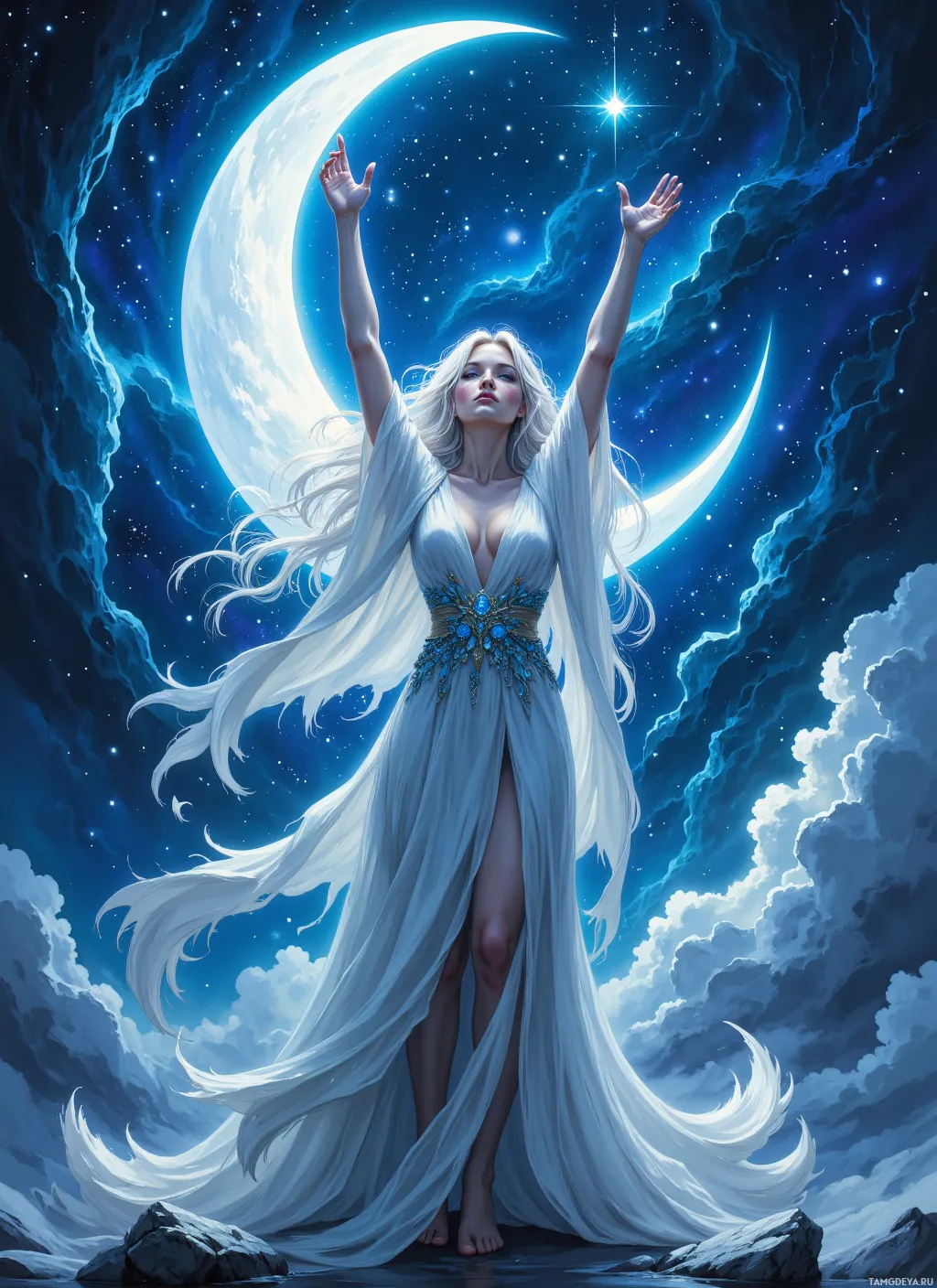 A woman in a flowing white gown stands with arms raised against a night sky with a crescent moon and stars.