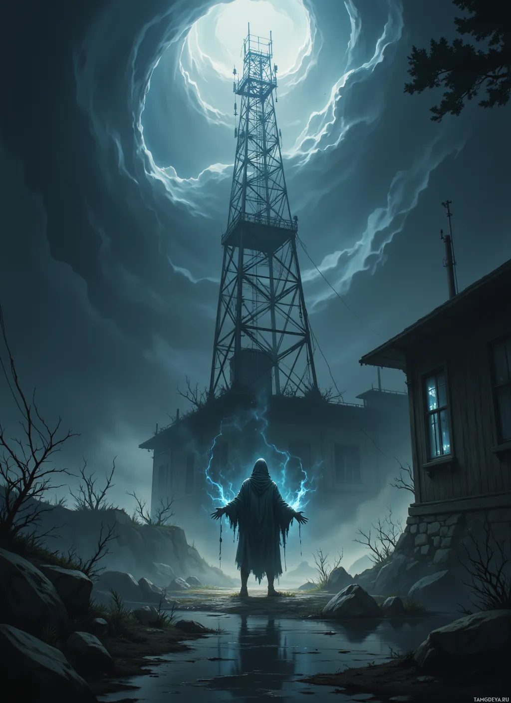 A mysterious figure stands before a house with a tall tower under a stormy sky.