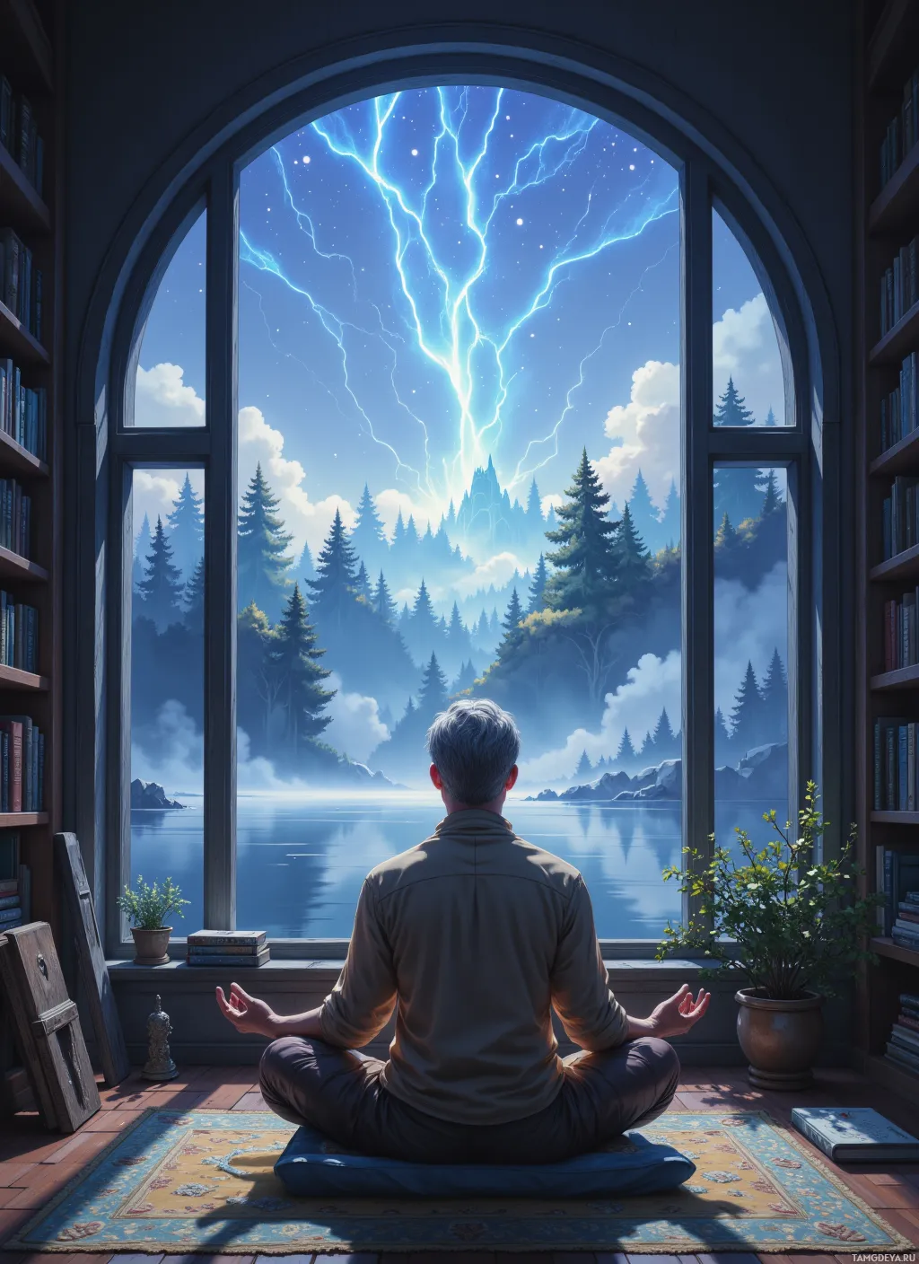 A person meditates in a serene room with a large window overlooking a forest and a body of water under a starry sky.