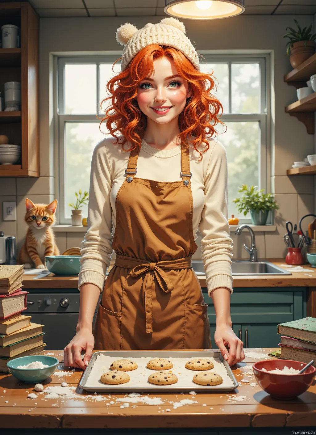 A person in a kitchen wearing an apron, holding a tray of cookies.