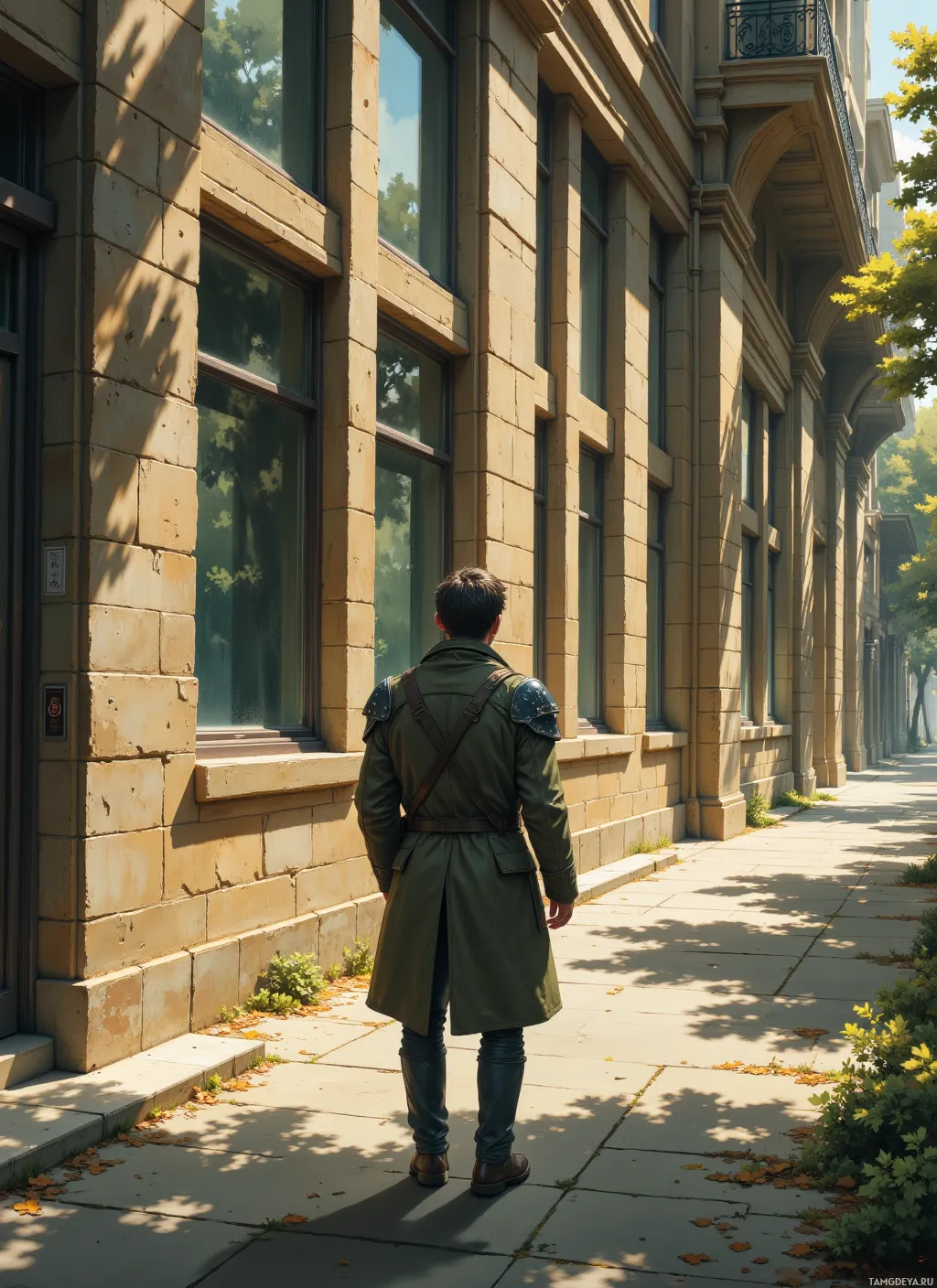 A person in a long coat and boots stands on a sidewalk, facing a building with large windows.