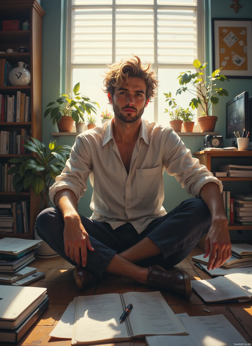 A man sits cross-legged on the floor in a study, surrounded by books and papers.