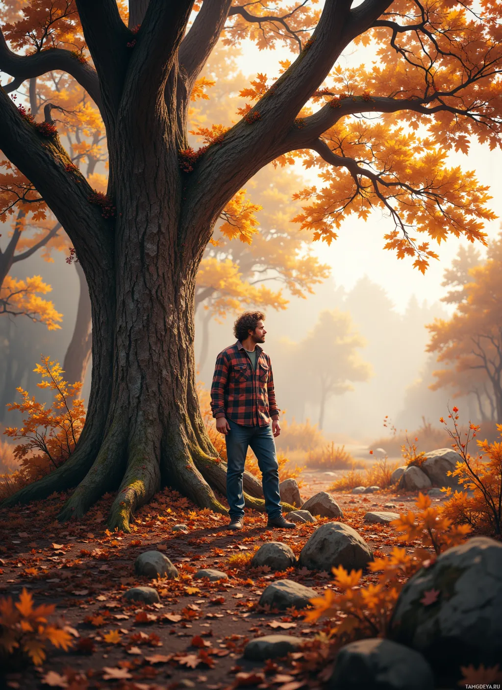 A man stands under a large tree with autumn leaves in a serene forest setting.