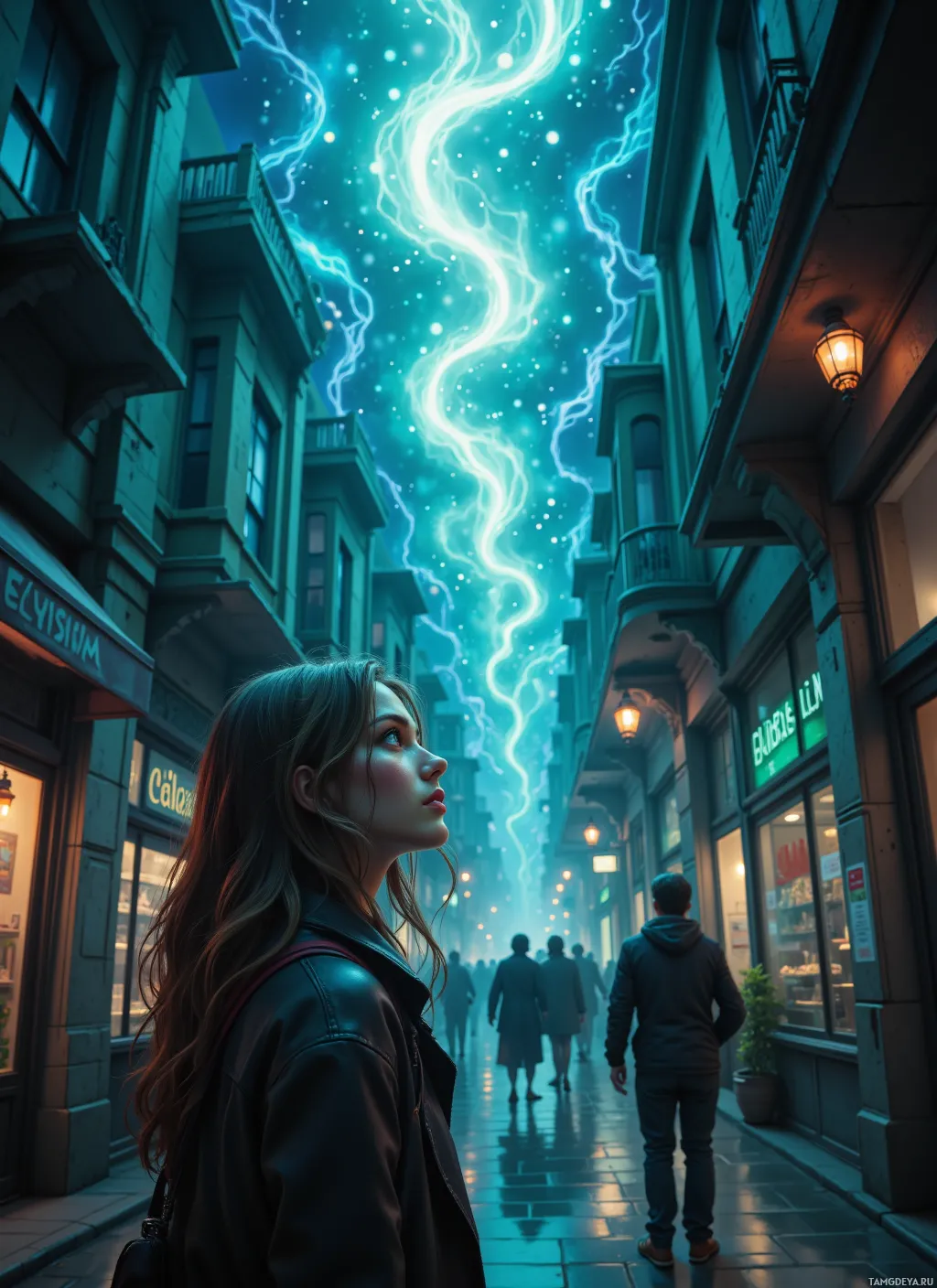 A woman stands in a narrow alleyway with glowing blue lightning streaking overhead.