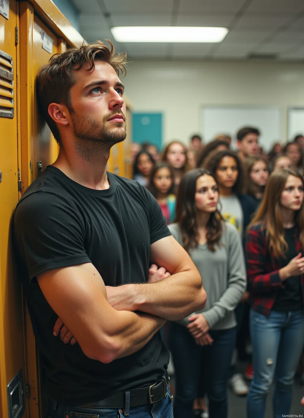 A man stands with his arms crossed in a hallway, surrounded by a group of people.
