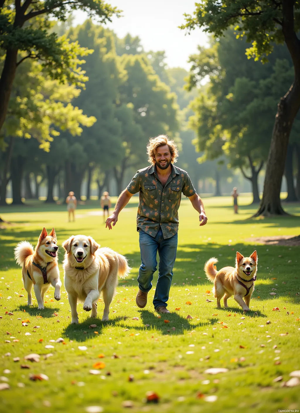 A man and three dogs are running joyfully in a sunny park.