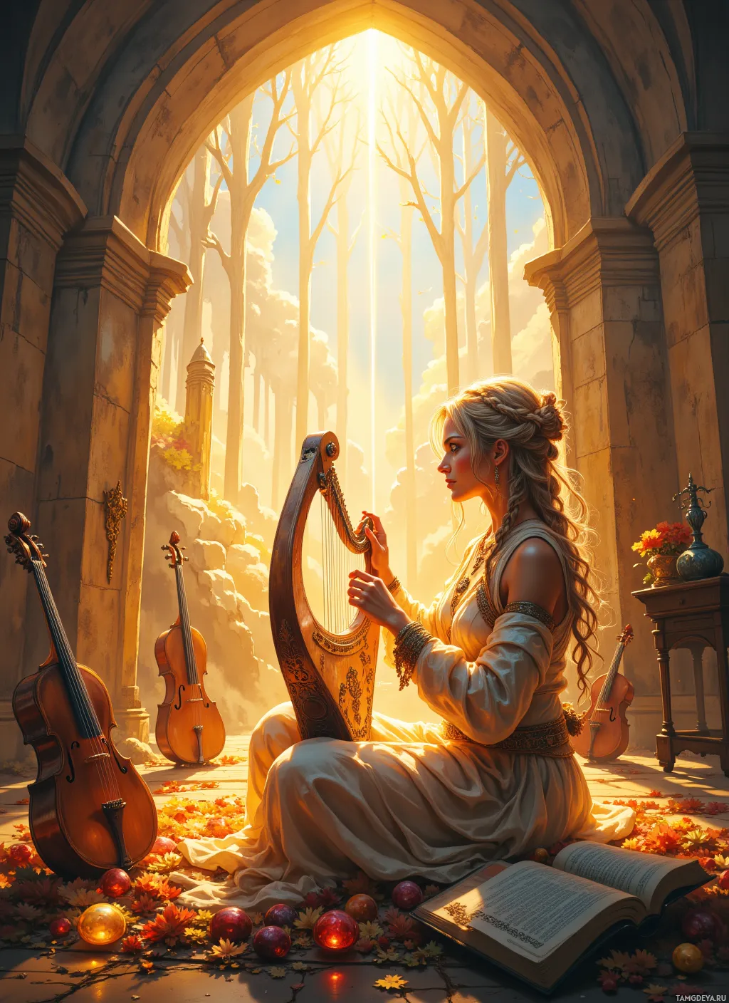 A woman plays a harp in a sunlit, ancient setting with musical instruments and autumn leaves.