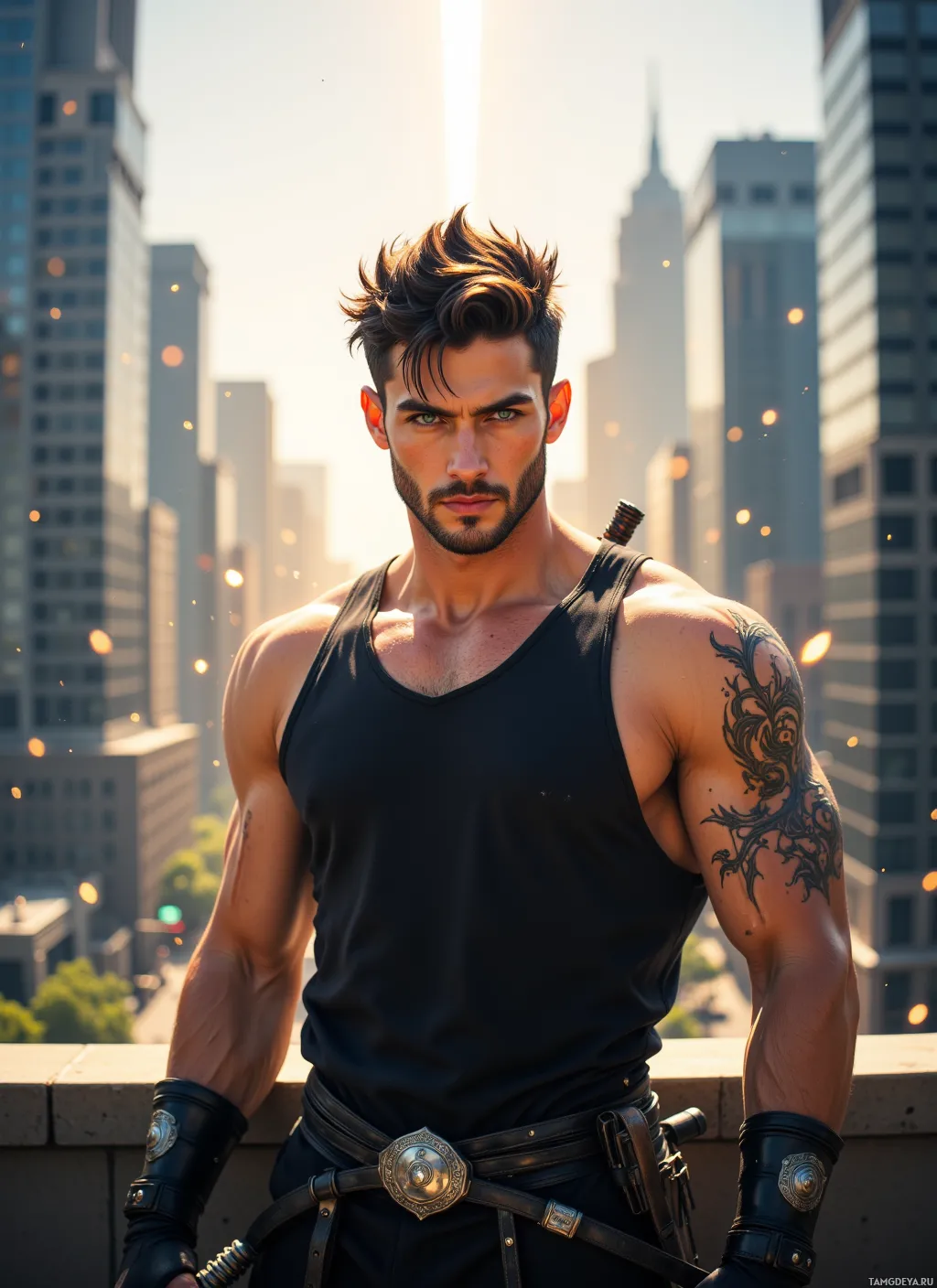 A muscular man in a black tank top and leather accessories stands confidently against a cityscape backdrop.