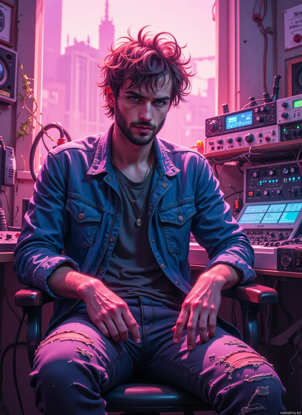A person with messy hair sits in a chair in a room with electronic equipment and a cityscape in the background.