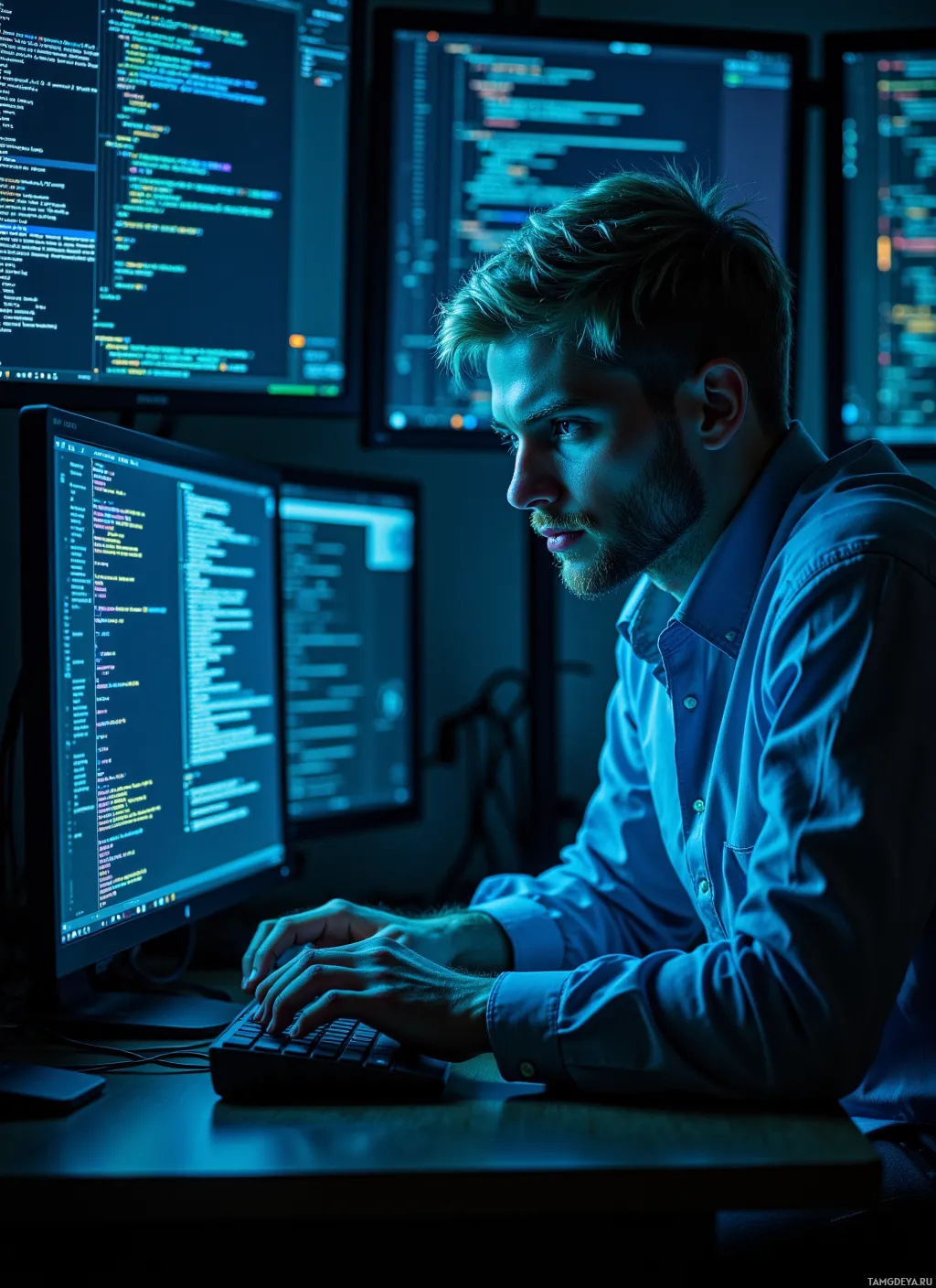 A person is working at a desk with multiple computer monitors displaying code.