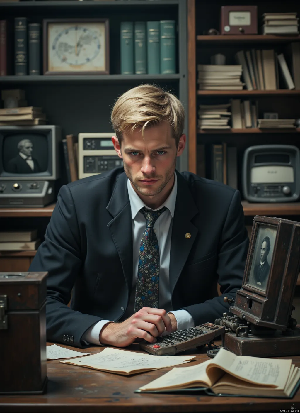 A man in a suit sits at a desk with vintage equipment and books, appearing focused.