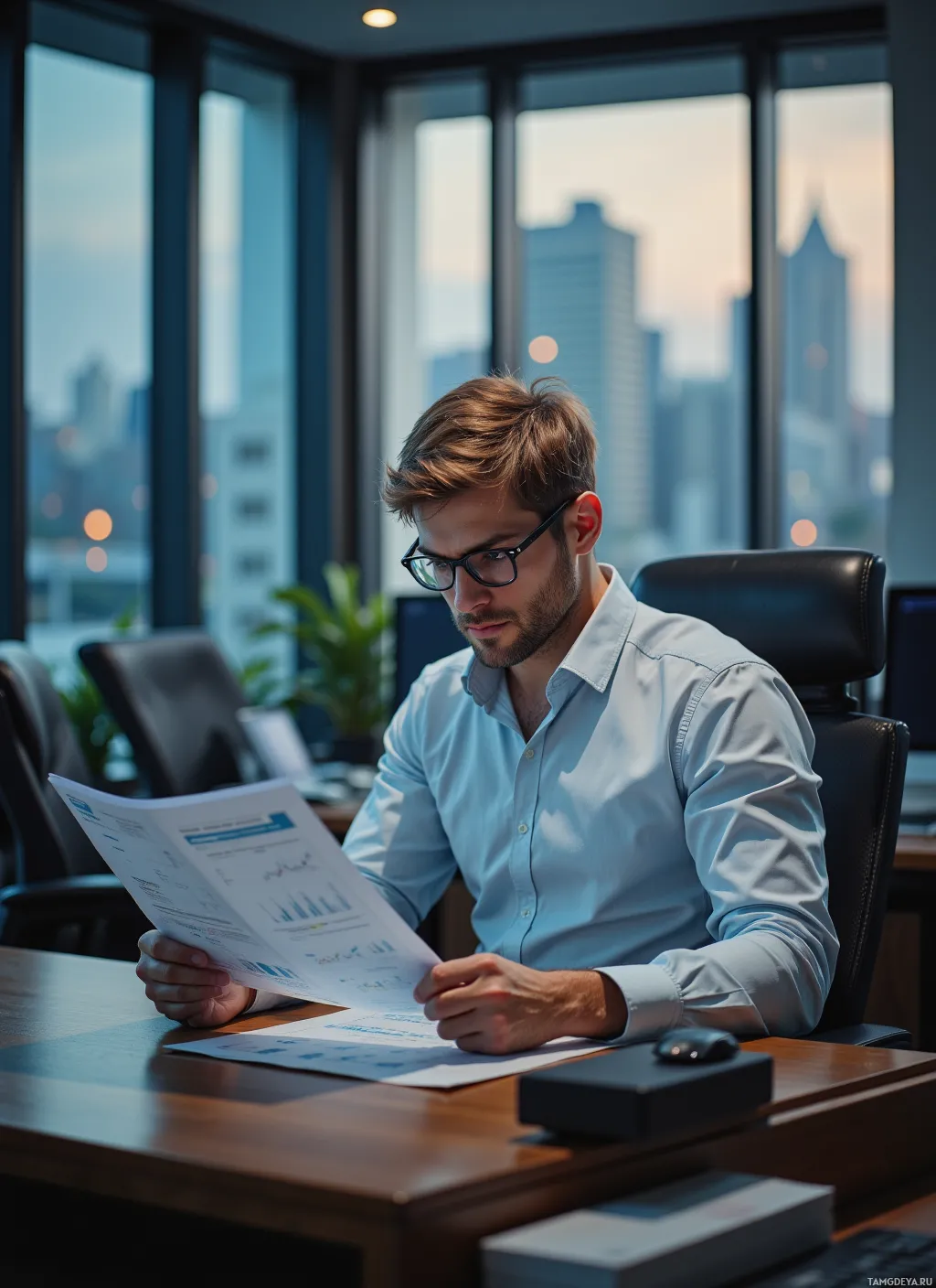 A man in a light blue shirt sits at a desk, reviewing documents.