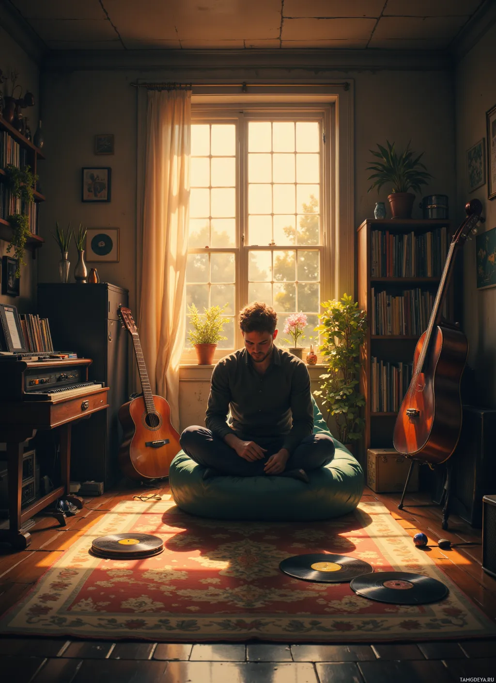 A man sits cross-legged on a beanbag in a cozy room bathed in sunlight, surrounded by musical instruments and books.