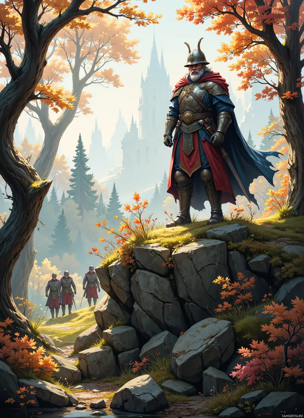 A knight in armor stands on a rocky outcrop in a forest, with a castle in the distance.