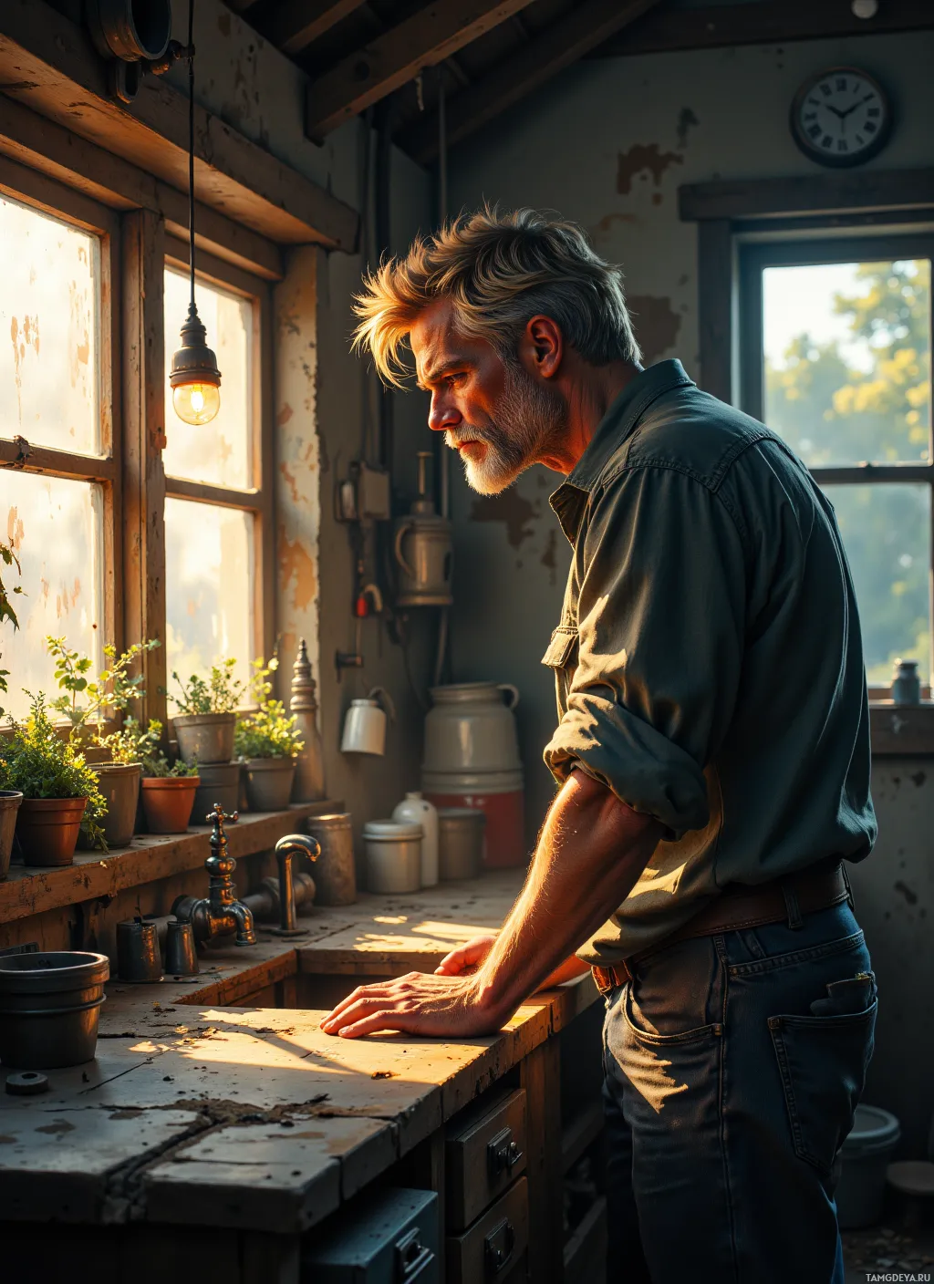 A man stands in a rustic workshop, leaning on a workbench, with sunlight streaming through the window.