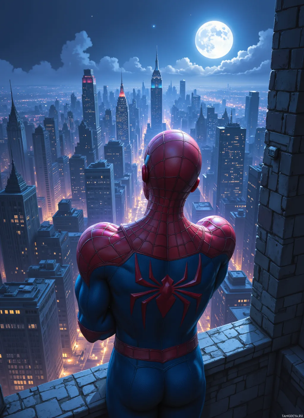Spider-Man stands on a rooftop overlooking a cityscape at night.