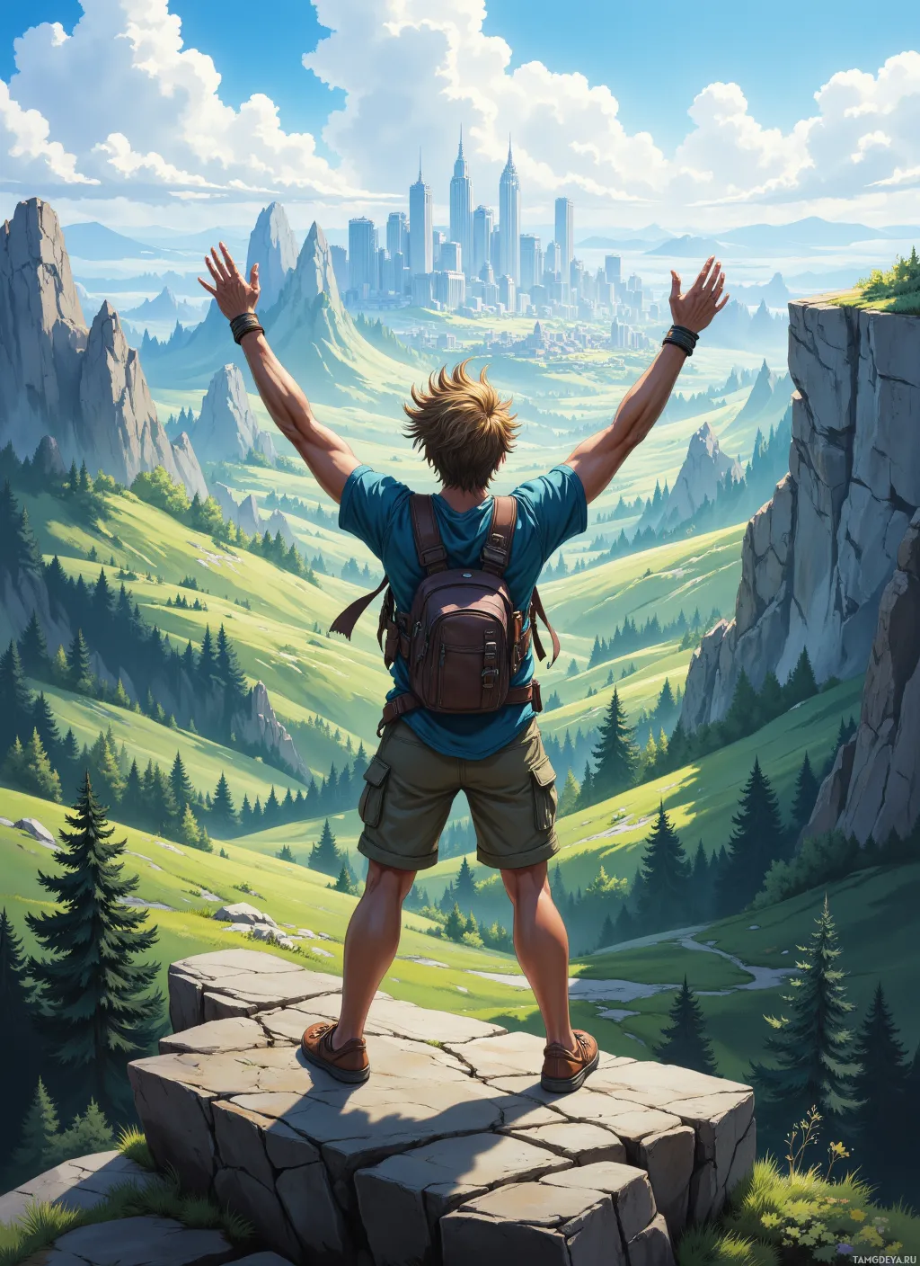 A person stands on a rocky outcrop, arms raised, overlooking a lush valley and distant city skyline.