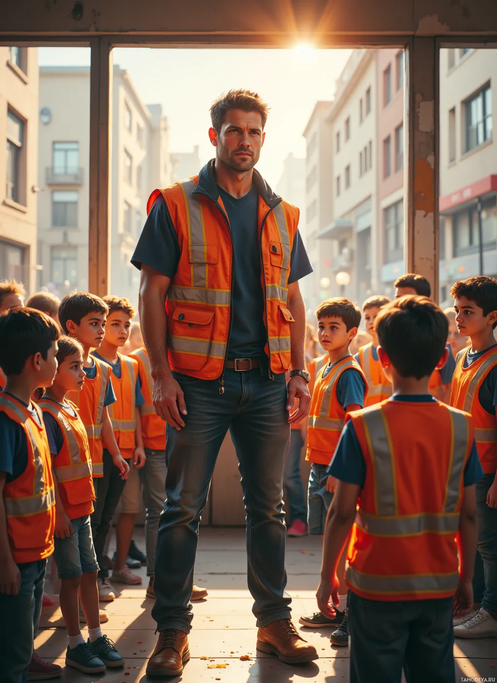 A man in an orange safety vest stands in front of a group of children also wearing safety vests, in an urban setting with sunlight streaming through.