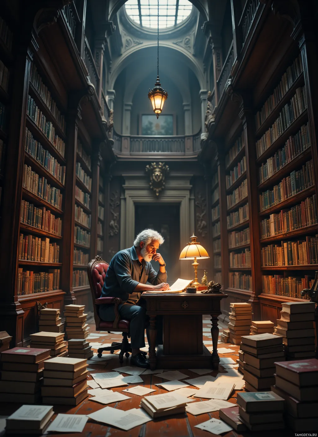 An elderly man sits at a desk in a grand library, surrounded by stacks of books and papers, illuminated by a hanging lamp.