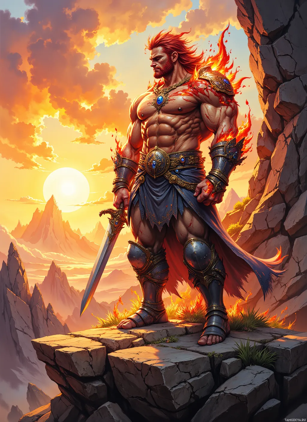 A muscular warrior stands on a rocky outcrop, holding a sword, with a fiery sky and rugged mountains in the background.