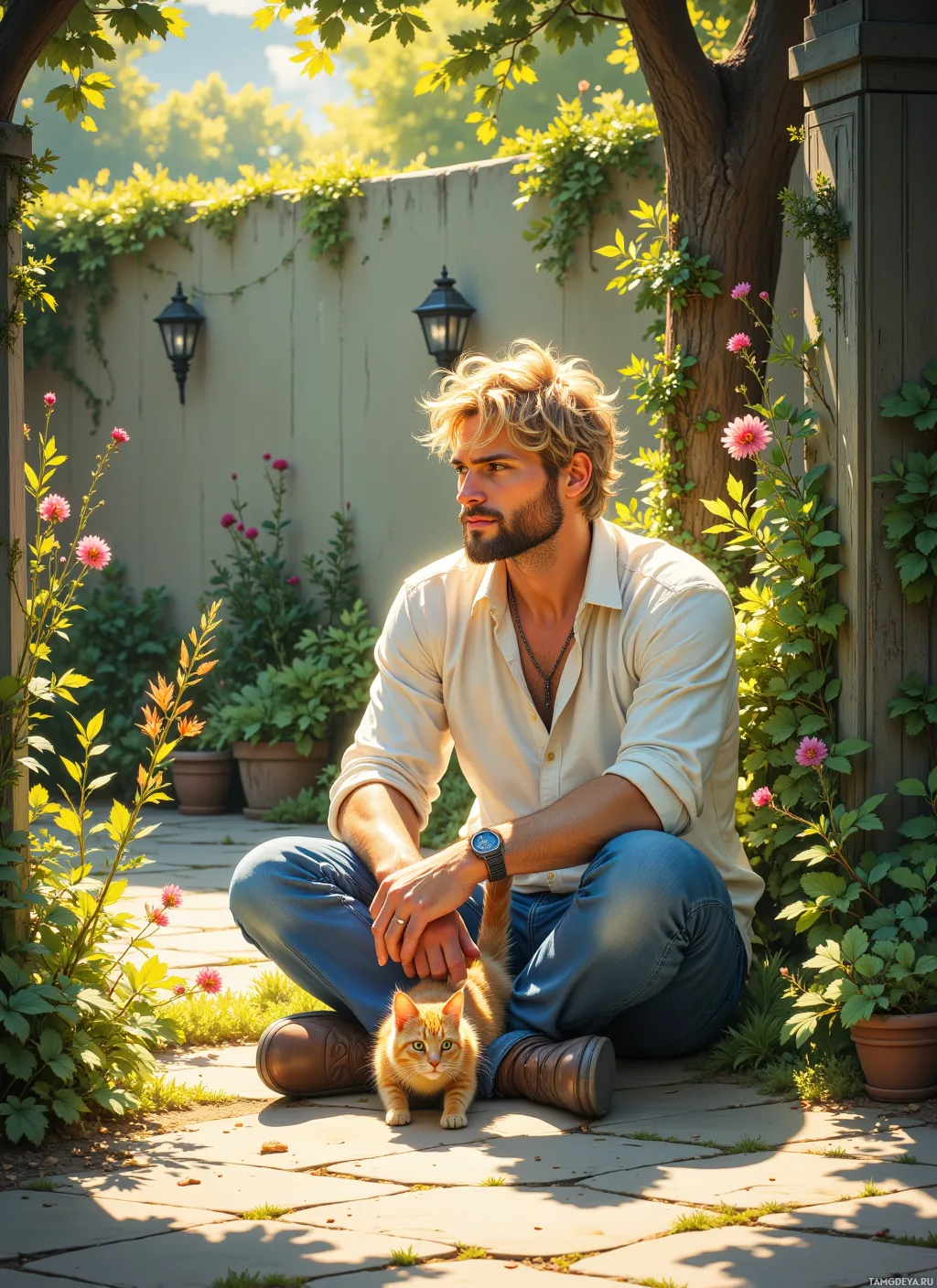 A man sits on a stone path in a garden, holding a cat.