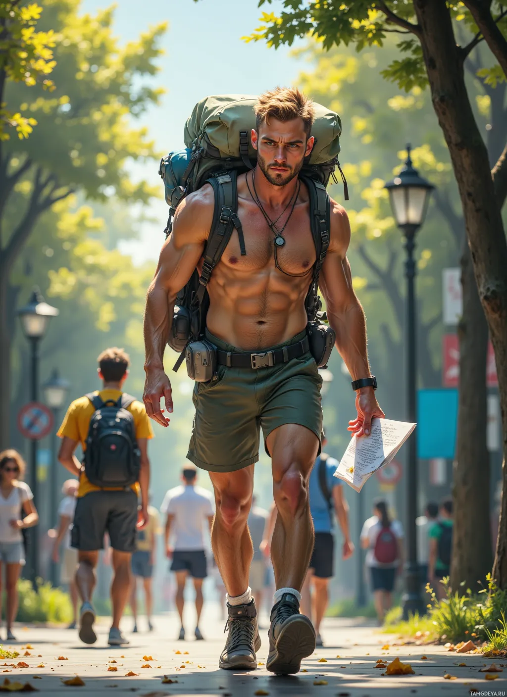 A muscular man with a backpack walks down a sunny sidewalk.