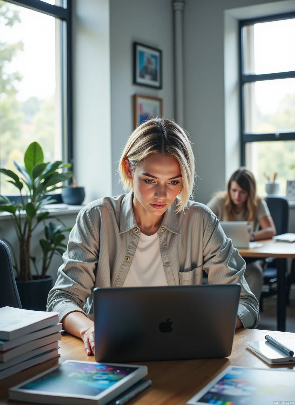A woman is focused on her laptop in a well-lit office setting.