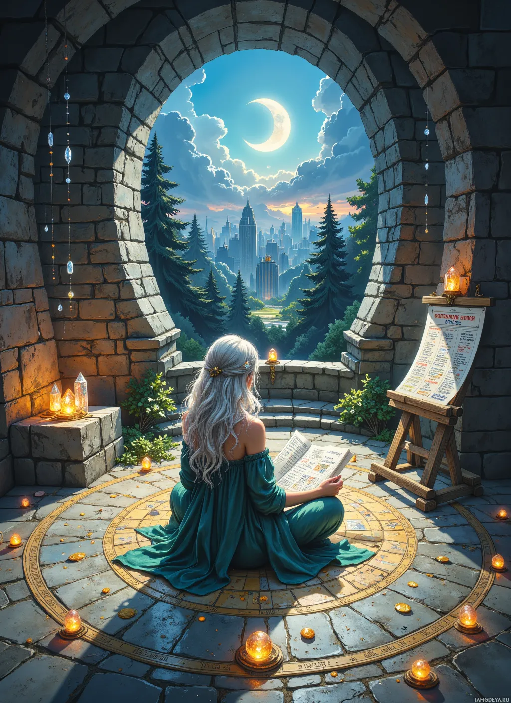 A woman in a teal dress sits cross-legged in a stone circle, reading a book under a crescent moon.