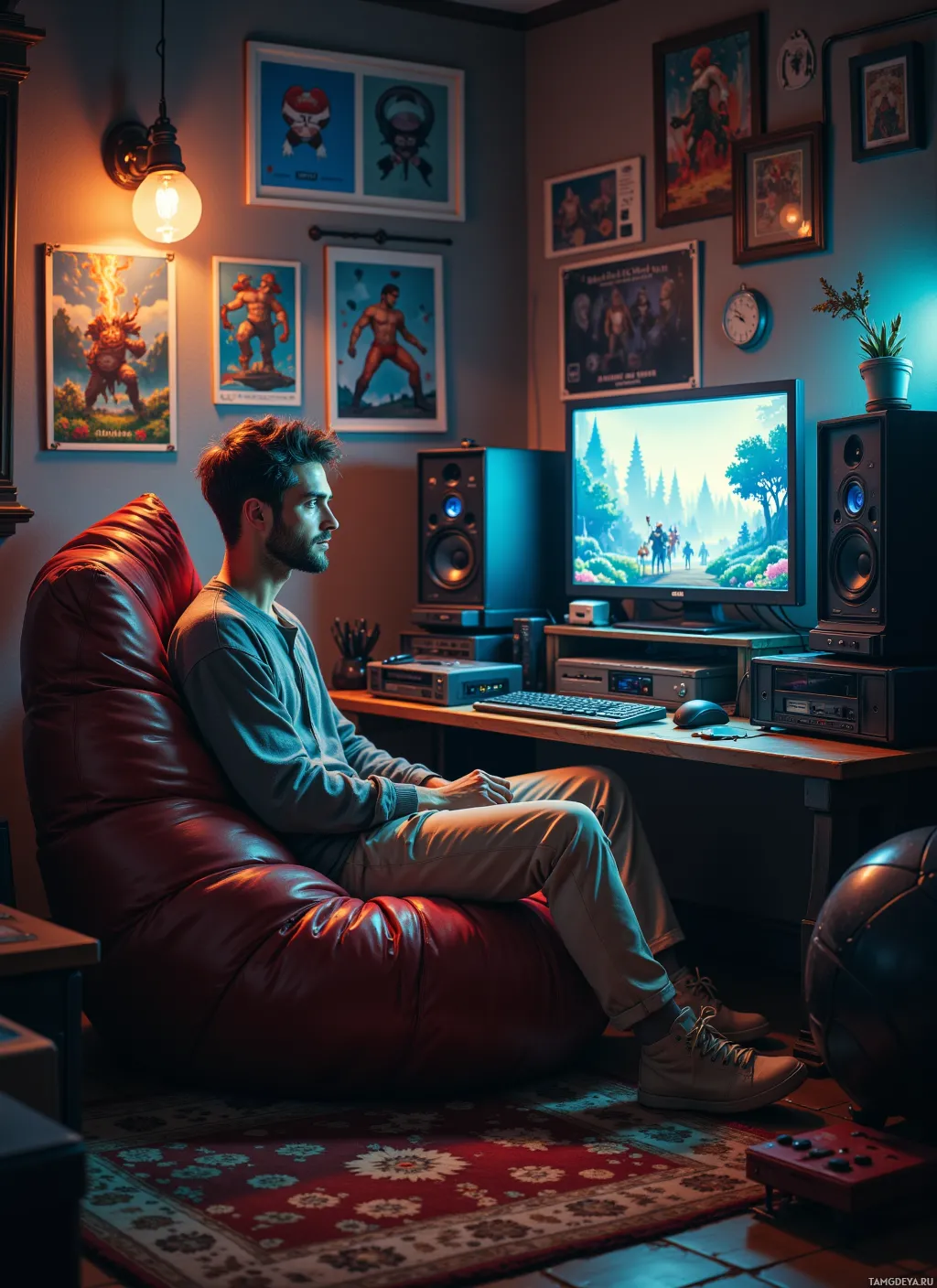A person sits in a bean bag chair in a cozy room with a computer setup, framed artwork, and a patterned rug.