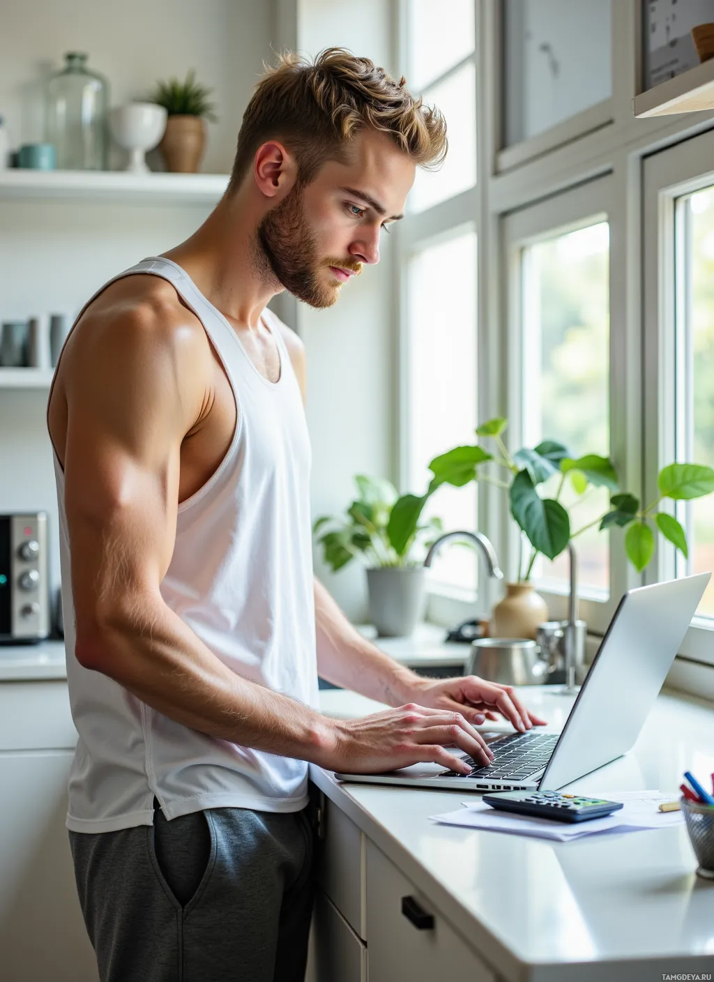 A man in a white tank top works on a laptop at a kitchen counter.
