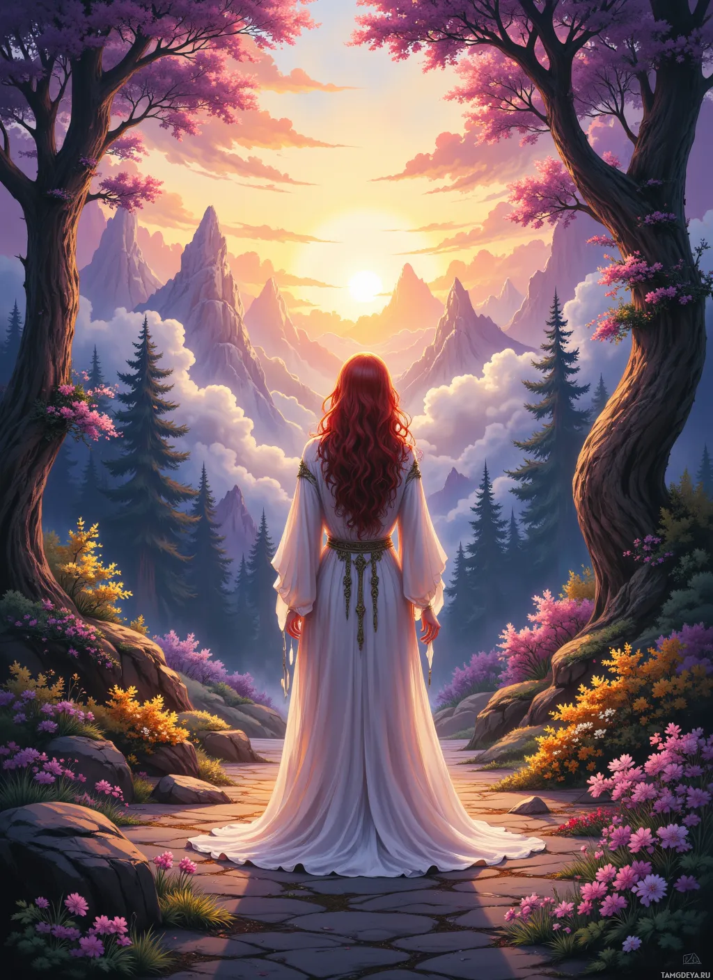 A woman in a flowing white gown stands on a stone path, gazing at a majestic mountain range under a vibrant sunset.